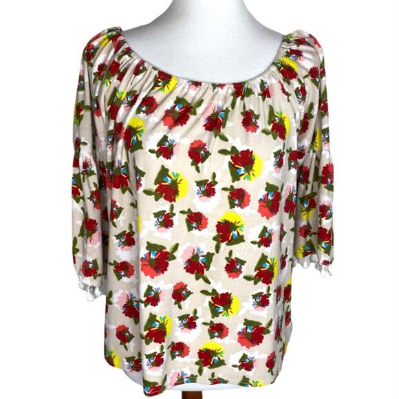 Umgee Soft Floral Off- Shoulder Boho Floral Blouse with Tassel Sleeves - Picture 2 of 10